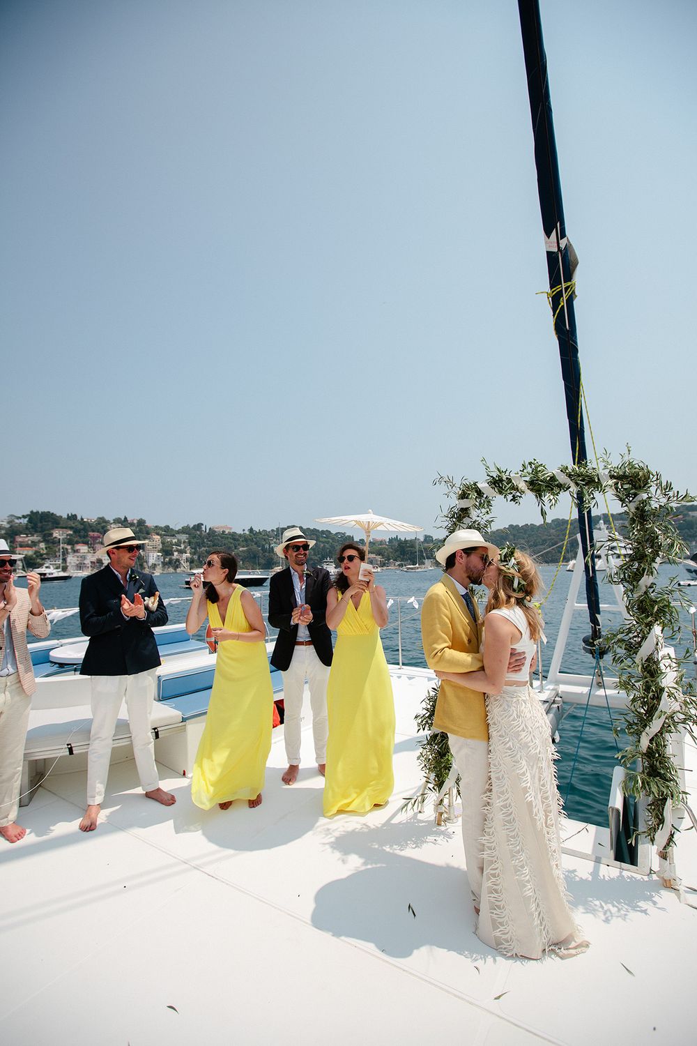 Wedding ceremony aboard a catamaran in the bay of Villefranche-sur-Mer