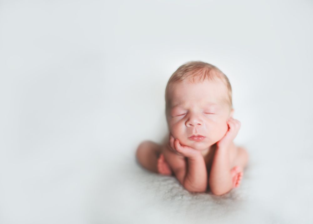 Newborn baby posed on white background in artistic portrait style.