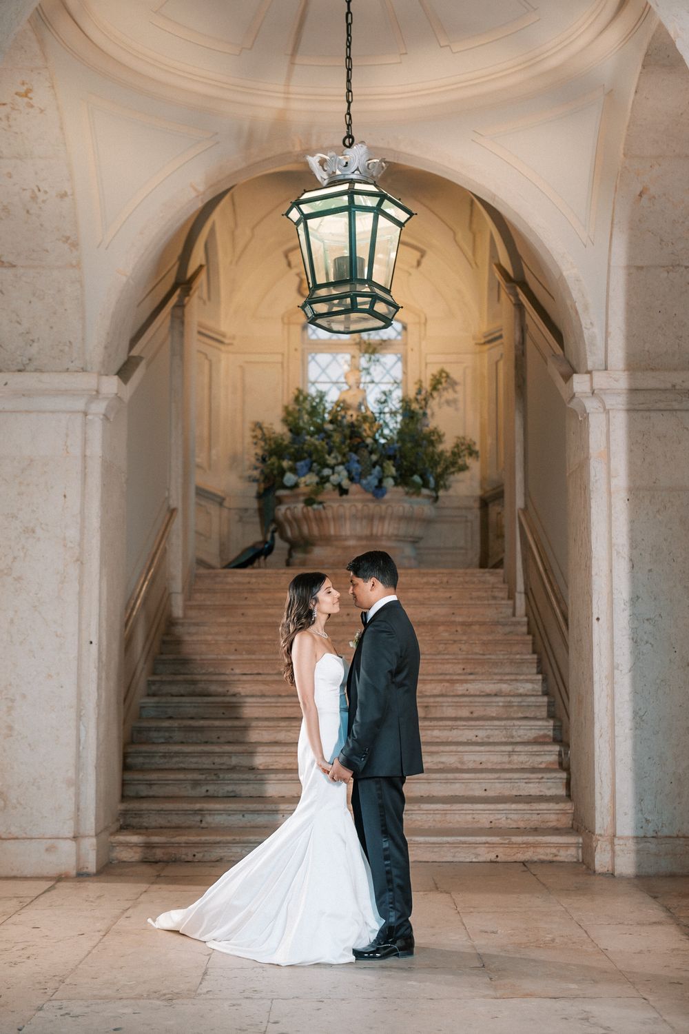 Romantic bride and groom moment at luxury wedding at Palácio do Correio-Mor, Portugal