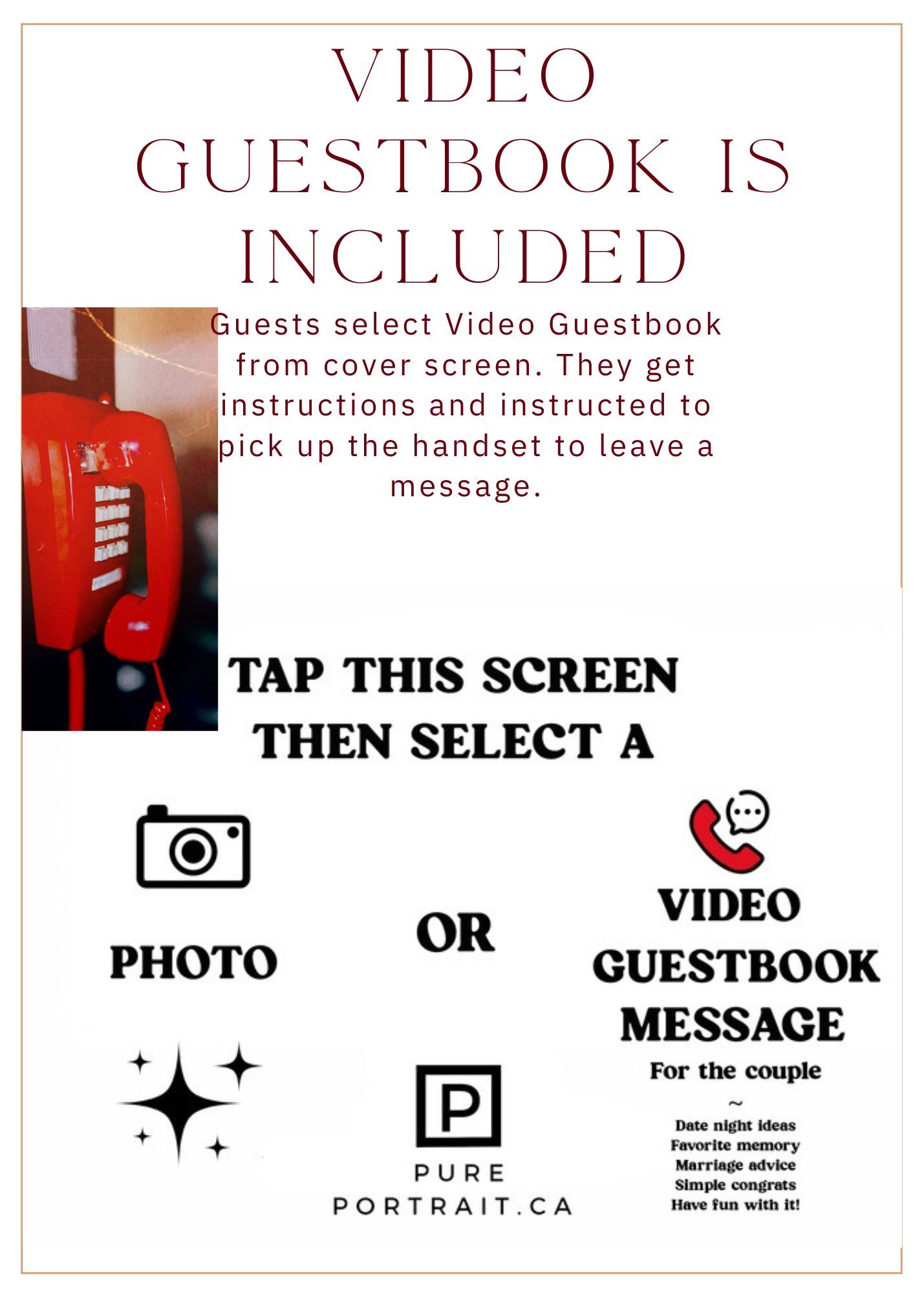 A series of mobile app interface screens showing video guestbook setup and photo selection options.