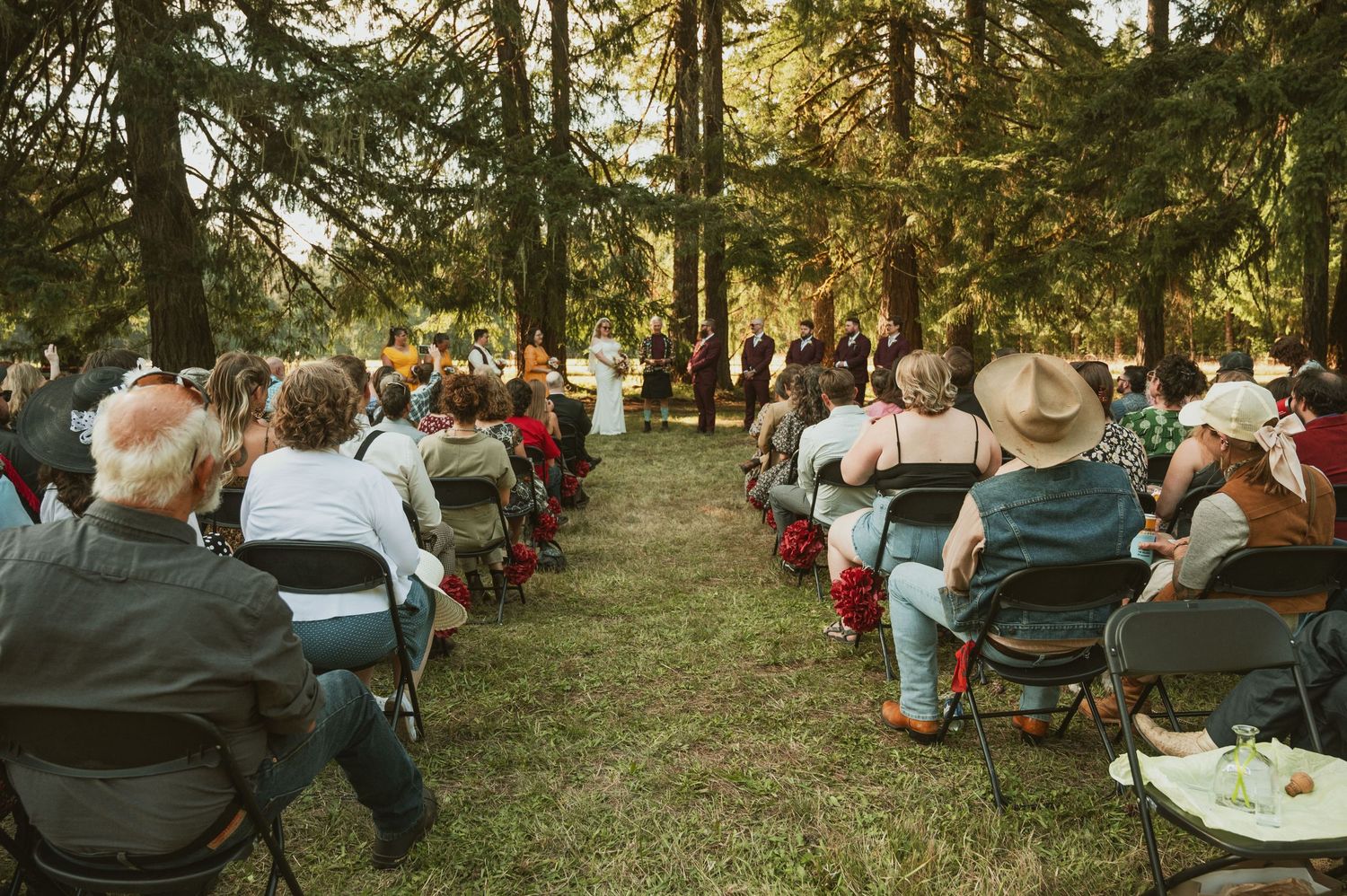 Guests gathered on lawn chairs and blankets for an outdoor celebration among tall trees.