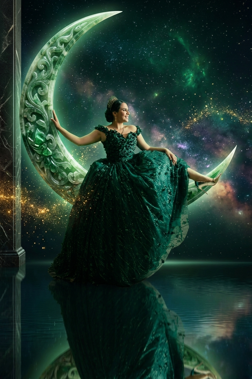 Fantasy composite artwork of a figure in a flowing emerald gown against a cosmic backdrop with crescent moon and stars.