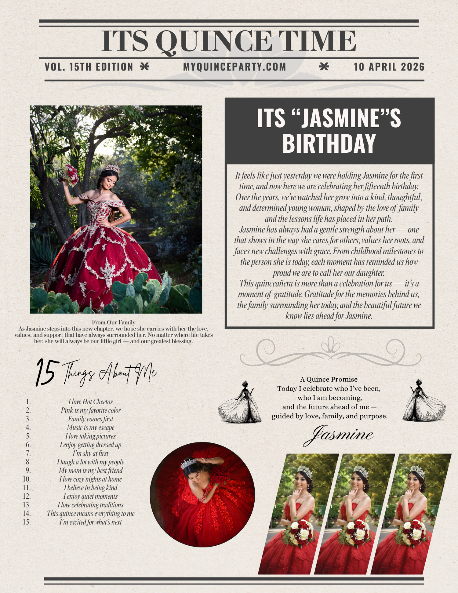Quince newspaper template printable version styled for framing and quince event table displays
