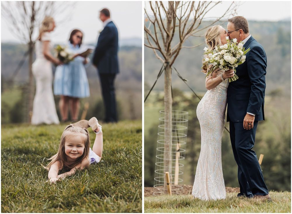 A romantic wedding photo series showing tender moments between a couple in a scenic outdoor setting.