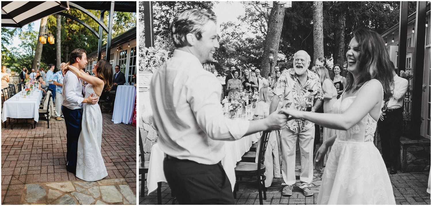 A series of black and white and color wedding photos showing intimate moments between couples during their celebration.