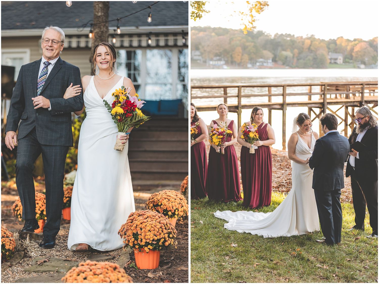 Wedding party poses together outdoors during autumn with colorful fall foliage and pumpkins decorating the scene.