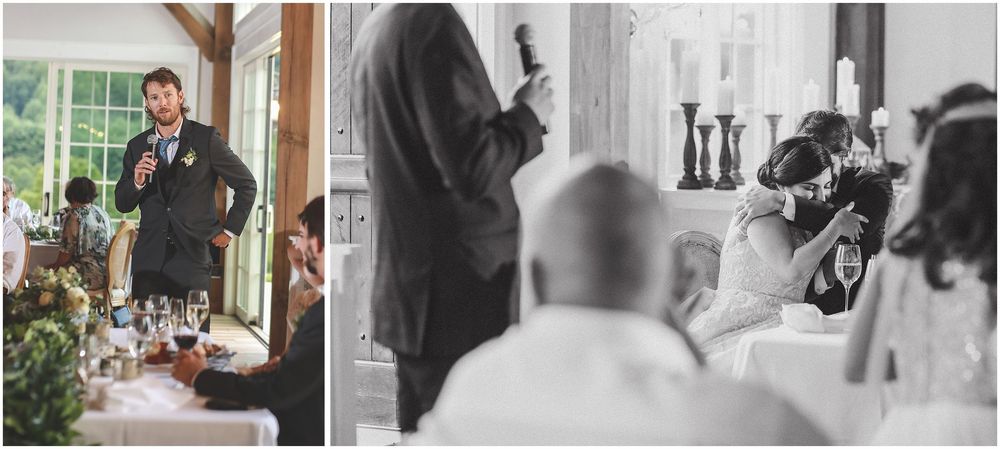 A wedding ceremony captured in a series of black and white photographs showing intimate moments at a rustic venue.
