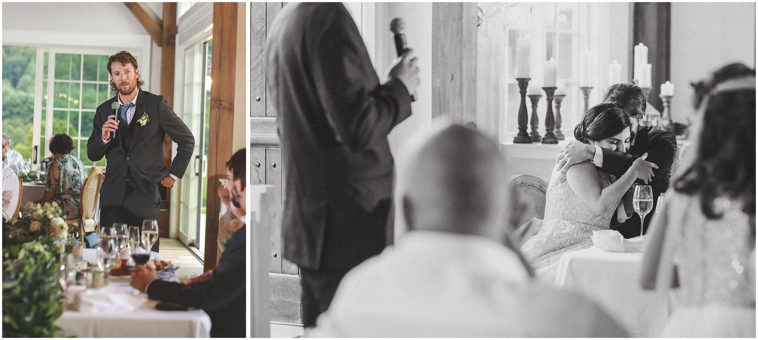 A wedding ceremony captured in a series of black and white photographs showing intimate moments at a rustic venue.