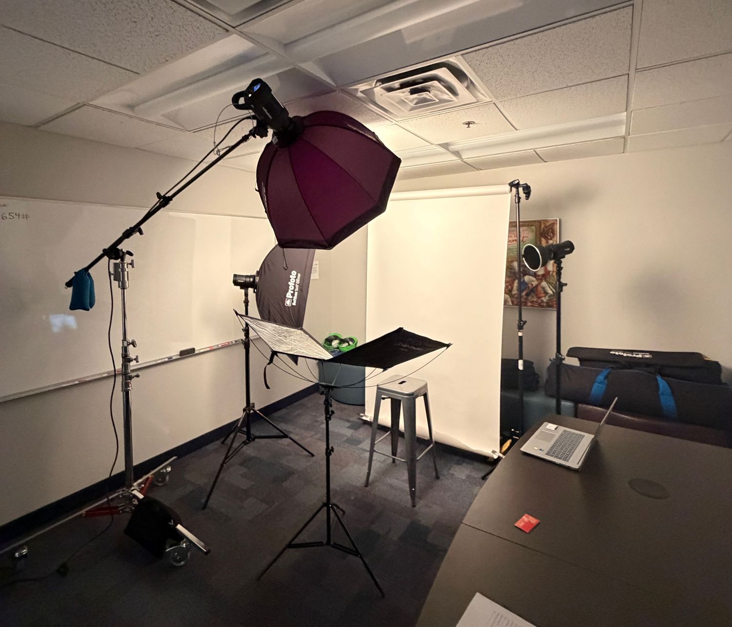 A sequence of photos showing someone recording a video presentation in an office setting.