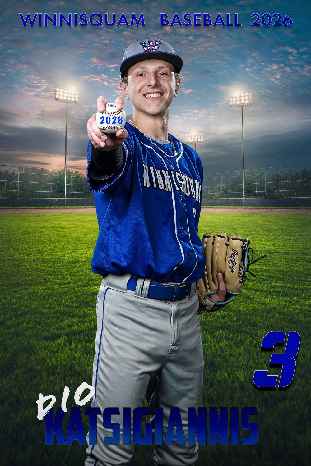 Winnisquam Baseball 2026 player Dio Katsigiannis, number 3, poses in blue uniform holding a baseball on a field.