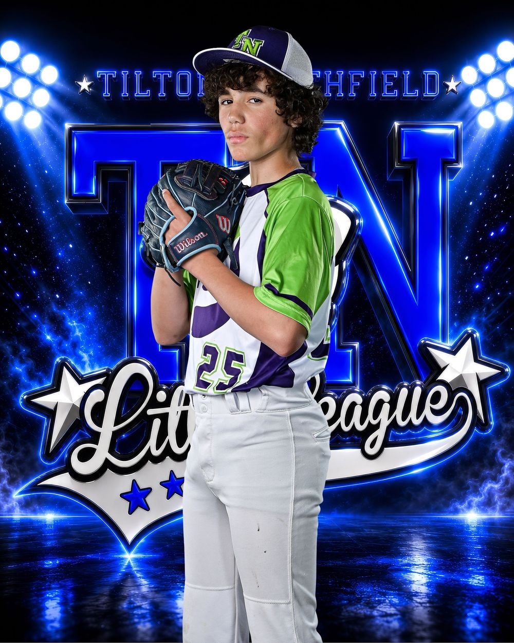 Young baseball pitcher in green and purple uniform number 25 poses for Tilton Northfield Little League team photo.