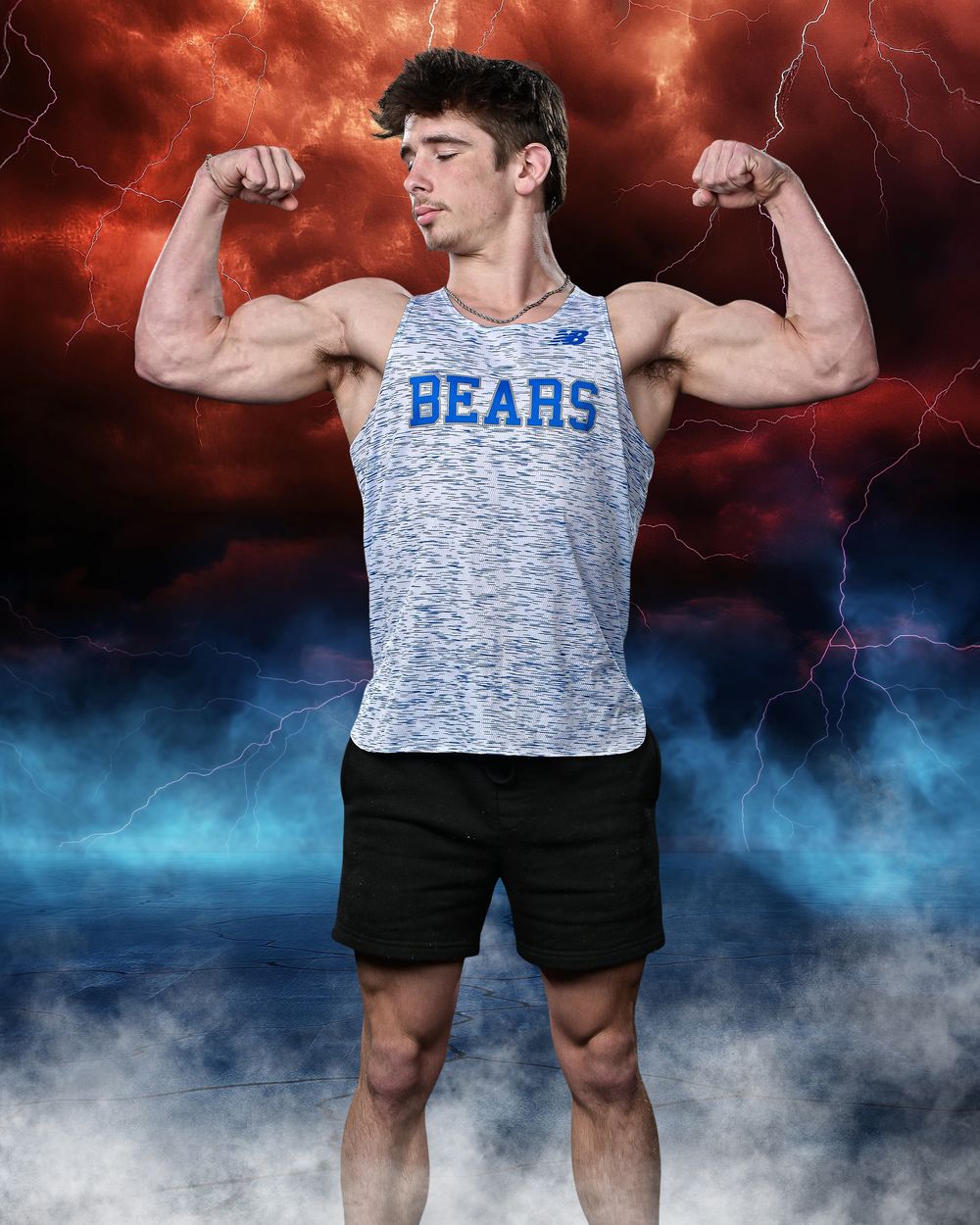 Muscular athlete flexing biceps wearing a Bears tank top and black shorts against a dramatic stormy lightning background.