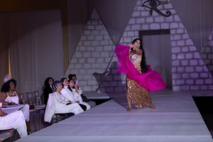 Dancer performs with flowing pink fabric on stage with white brick backdrop.