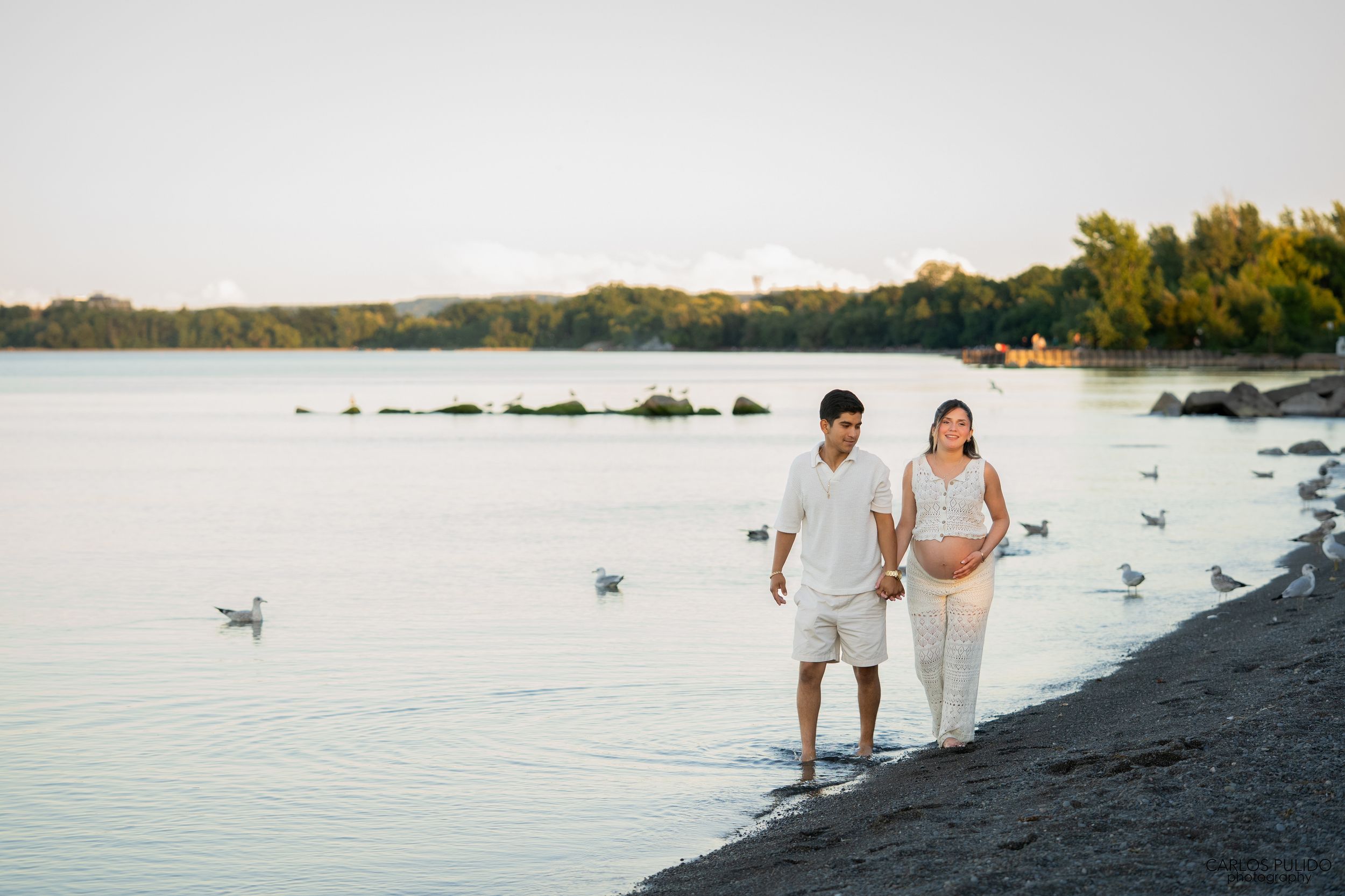 A couple walks along a tranquil beach at sunset with seagulls floating on the calm water nearby.