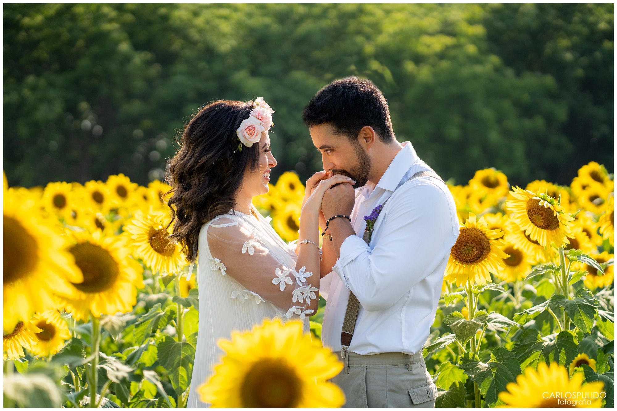 A romantic couple poses in a vibrant field of blooming yellow sunflowers.