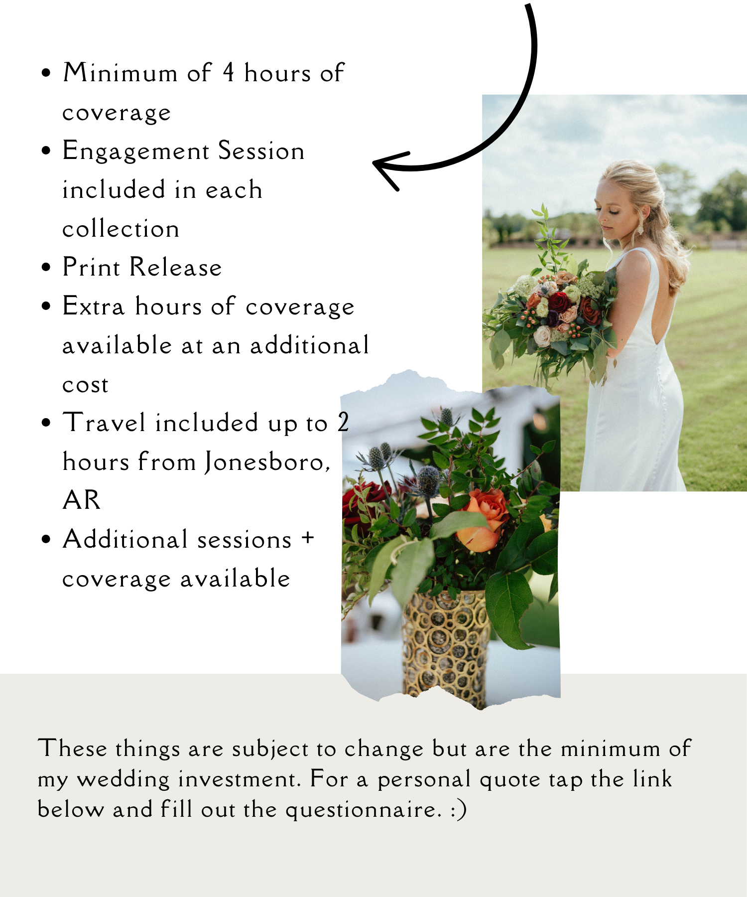 Wedding photography package details with pricing and coverage information.