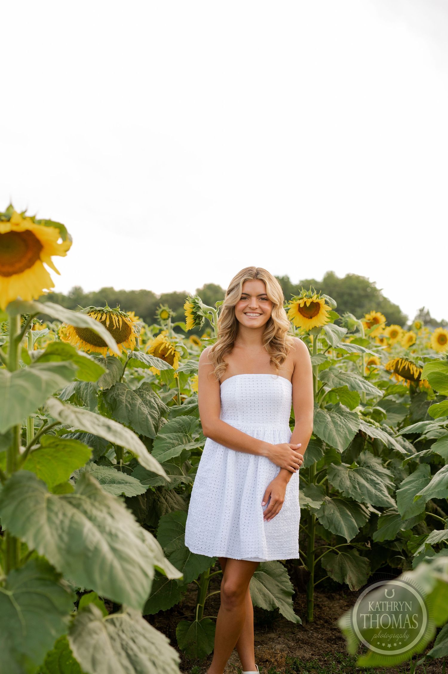 A summer portrait taken in a blooming sunflower field with a person wearing a white dress.