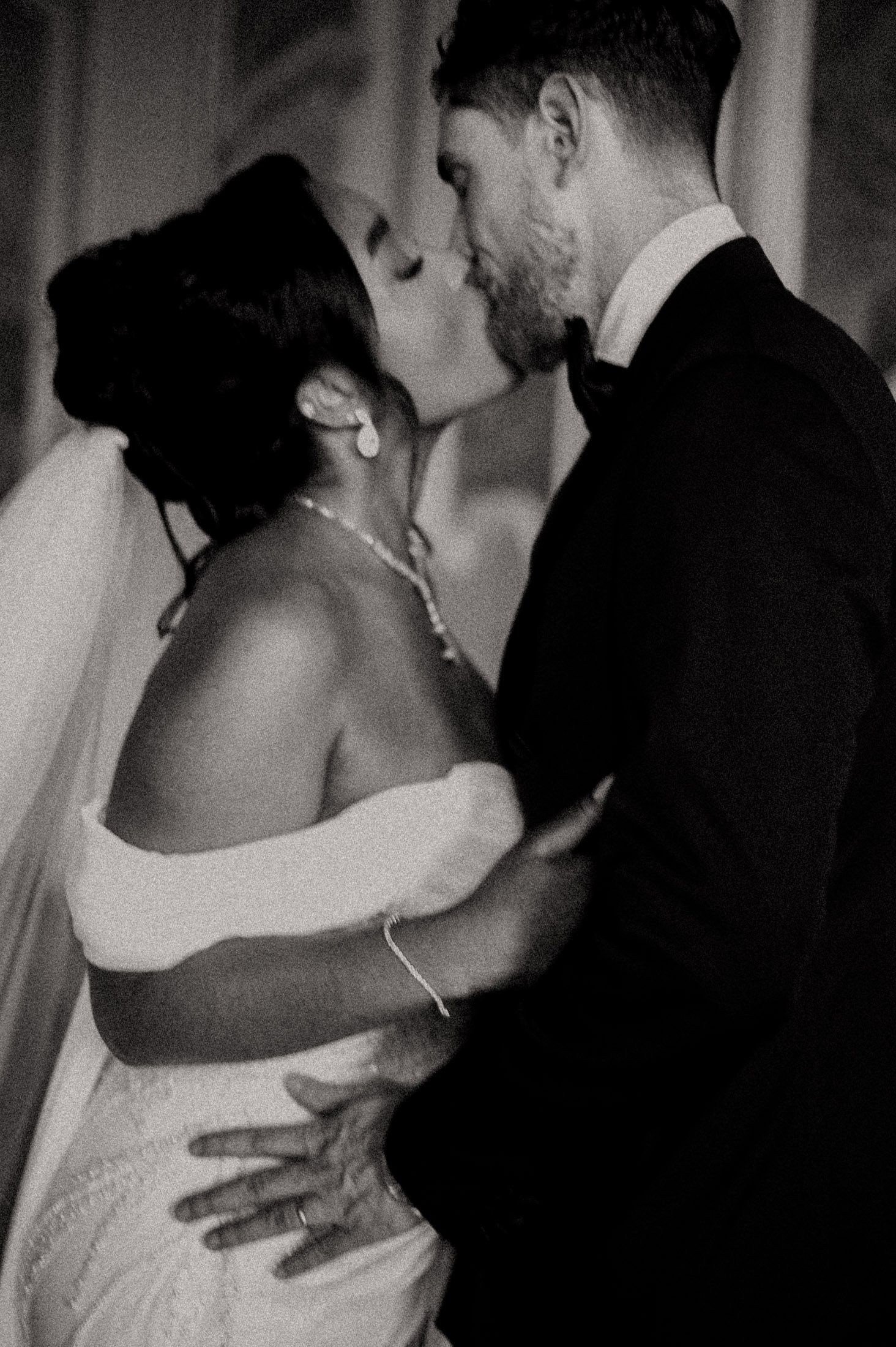Black and white split panels capture dancing couples at a celebration.