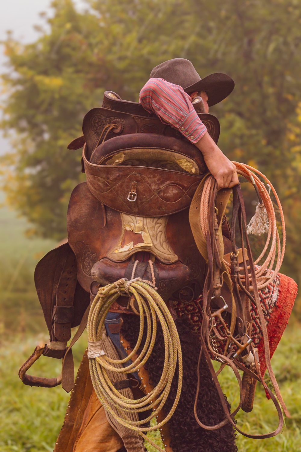 Close-up view of a western saddle with leather straps and rope coiled on the side.
