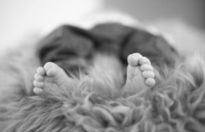 Black and white close-up of tiny baby feet resting on furry blanket.