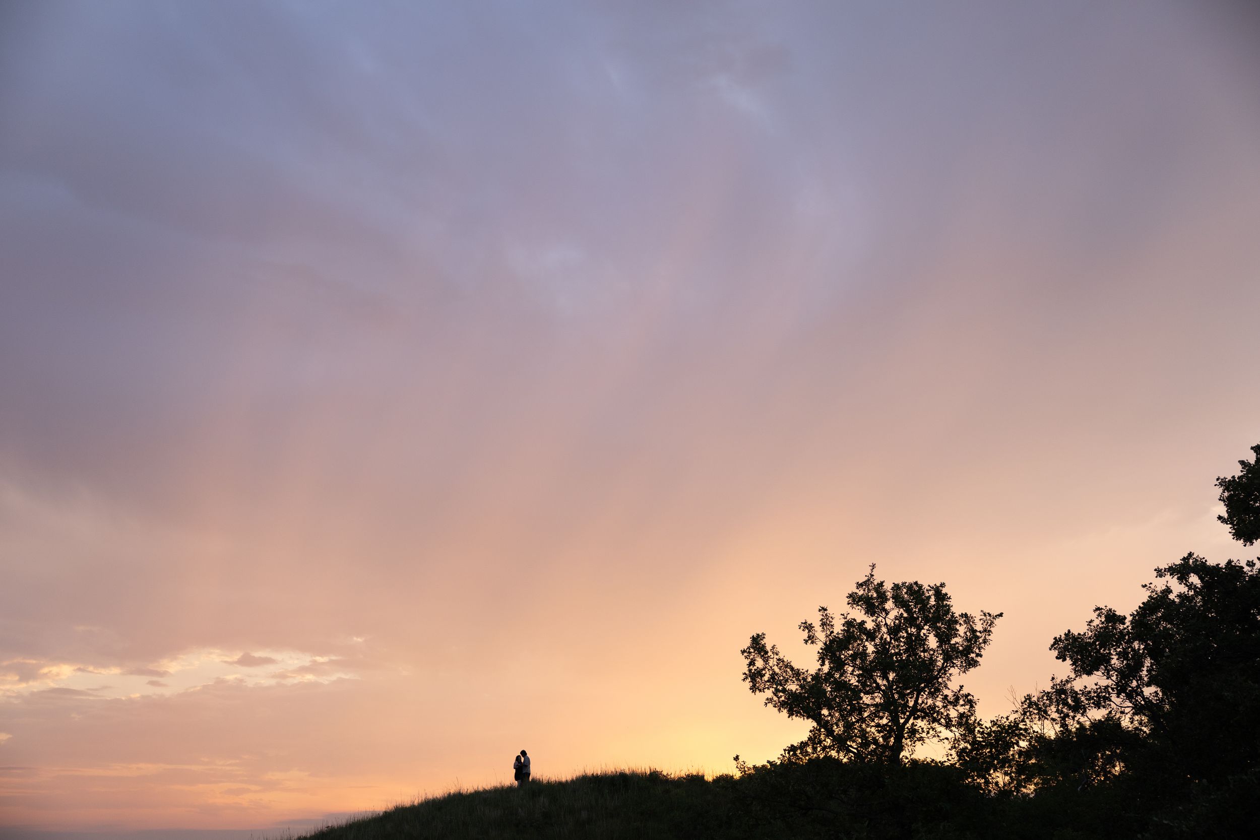 Silhouette of a person standing on a hill at sunset with colorful pink and orange sky and tree outlines.