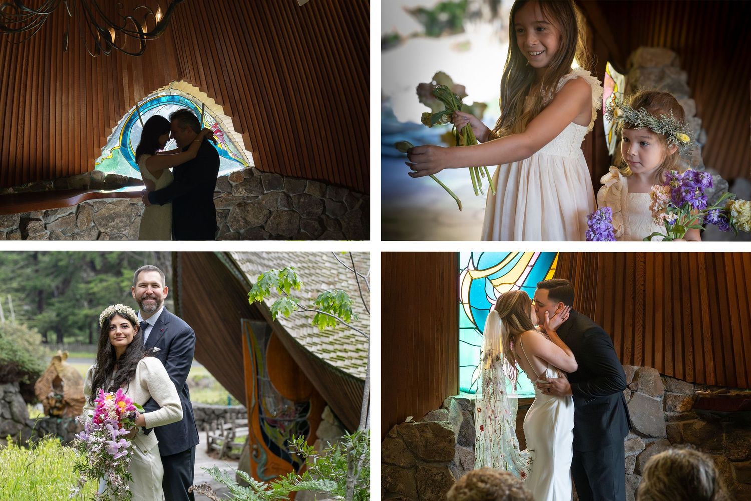 Four wedding scenes showing couples in romantic settings with unique architectural elements.