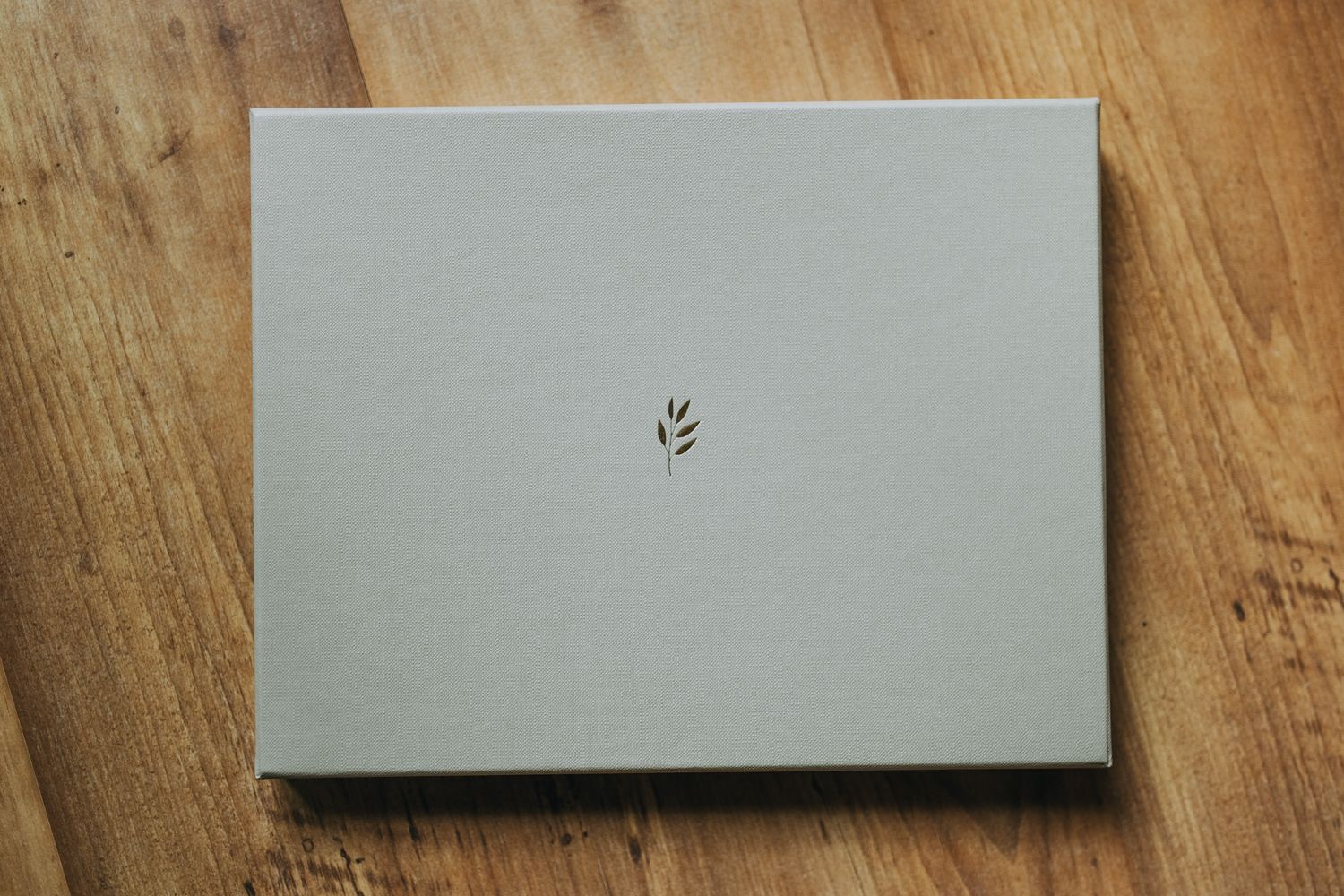 Minimalist gray photo album covers arranged on wooden surface with elegant typography and botanical details.