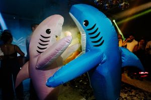 Inflatable blue and white shark decorations at nighttime party venue.