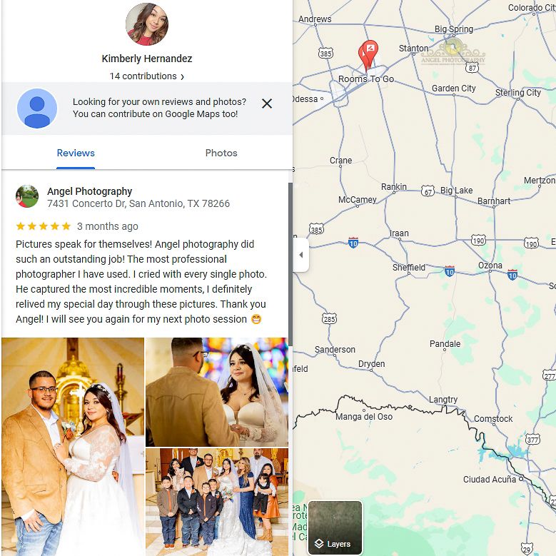 Screenshot of Google Maps location and photography business review with wedding photos.