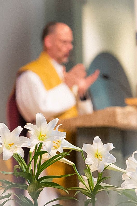 White Easter lilies in focus with blurred priest in gold vestments preaching at church altar.