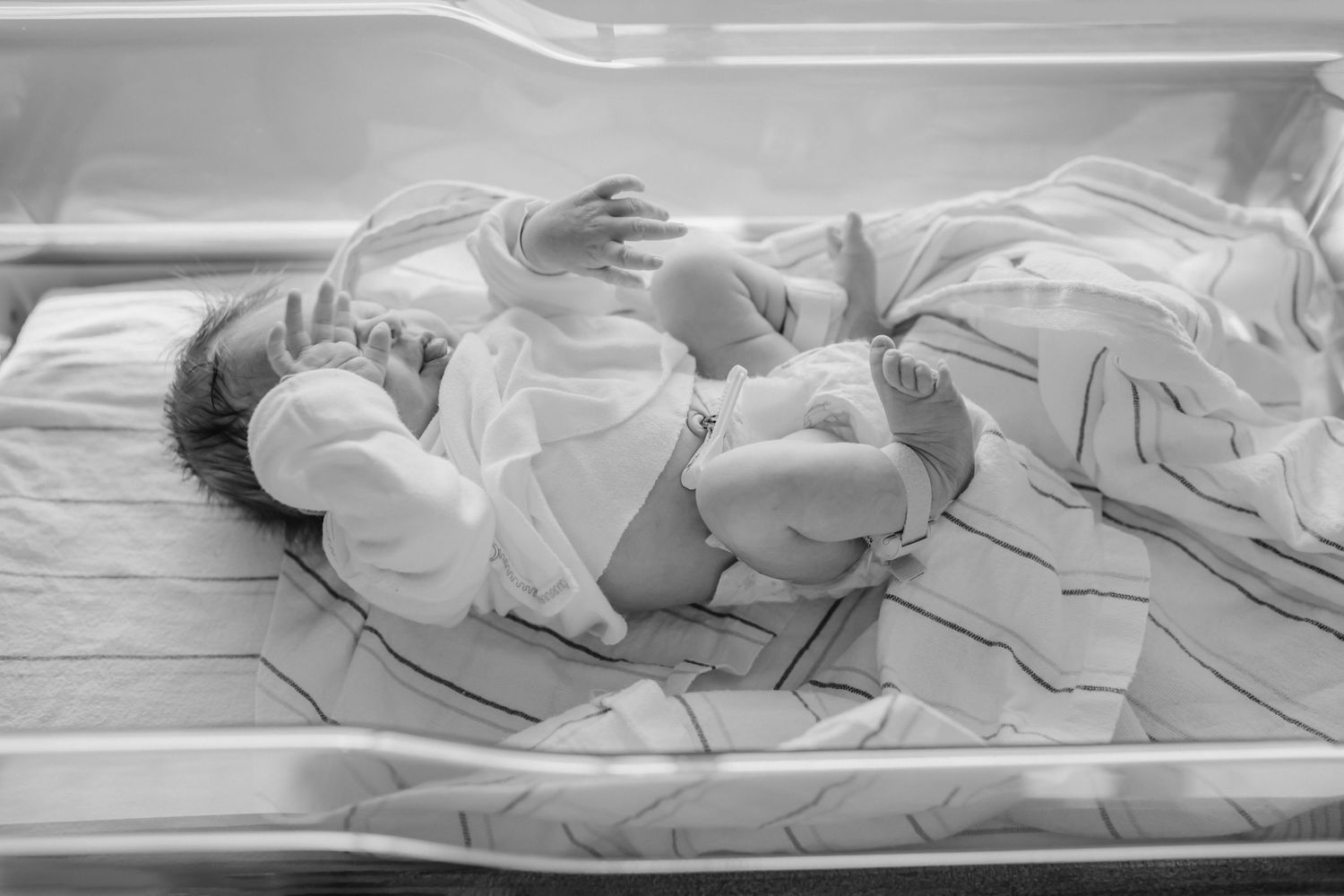 Black and white image of newborn resting in hospital bassinet.