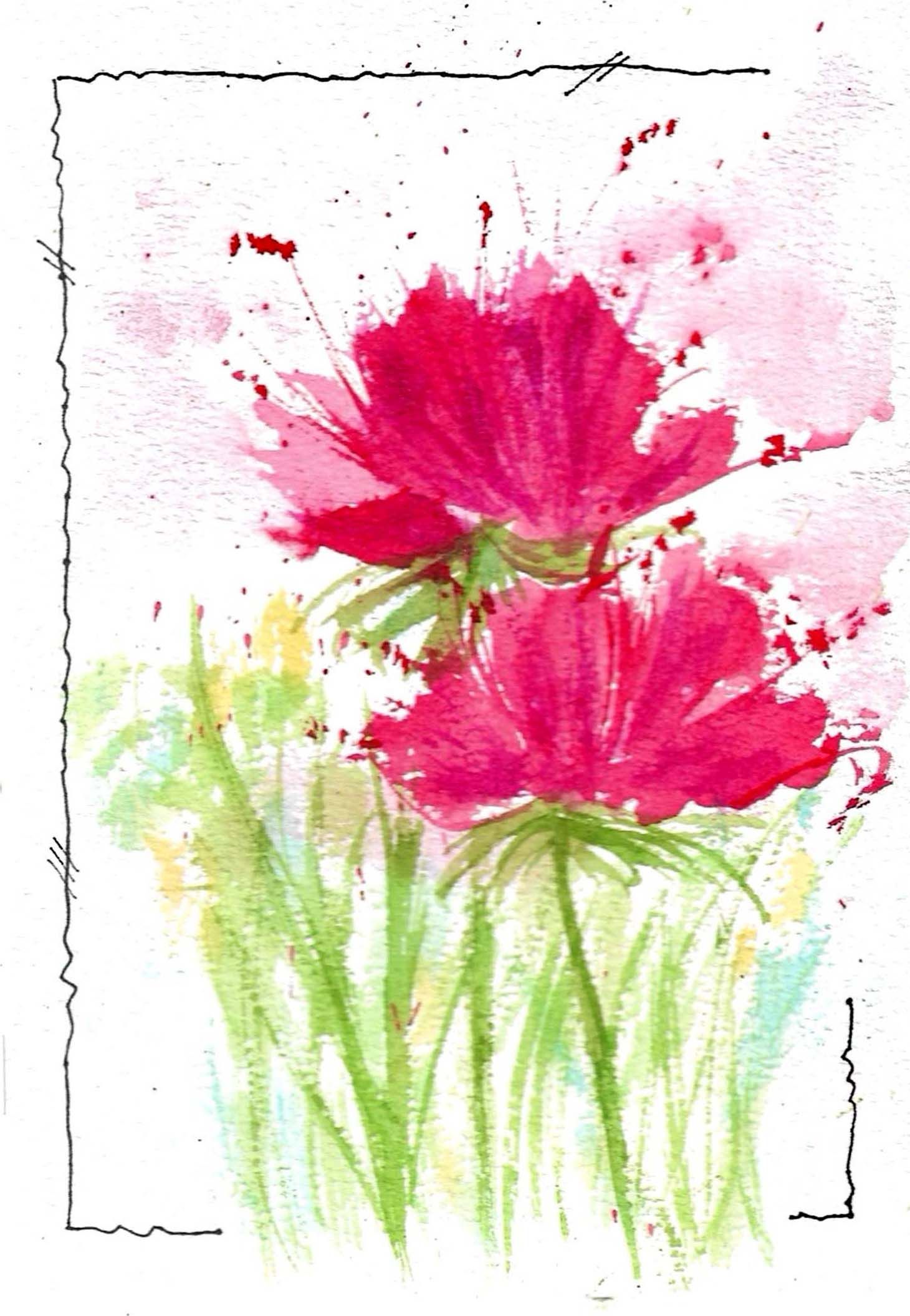 Series of bright pink flowers painted in loose watercolor style with green stems.