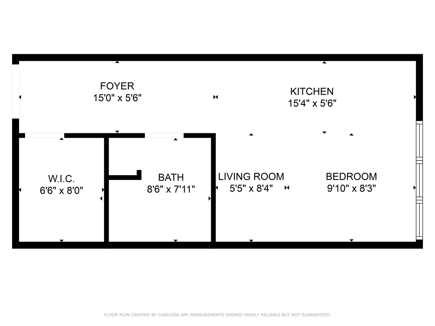 Floor plan layout showing a one-bedroom apartment with kitchen, living room, bathroom and walk-in closet.