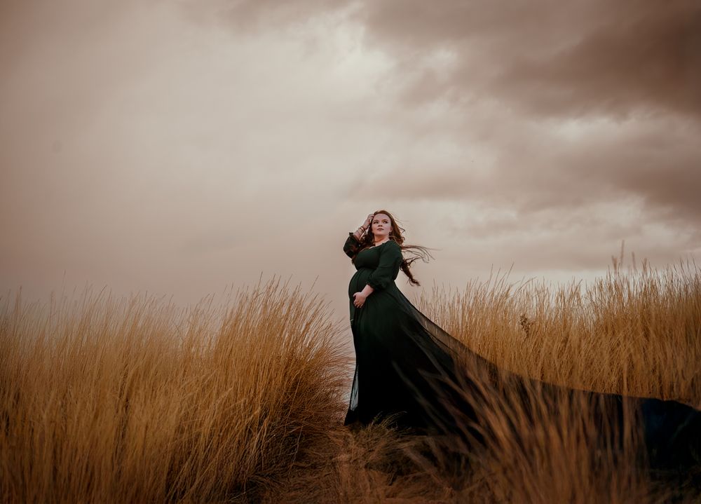 A dramatic silhouette of a person twirling in a flowing dress against a moody sky in a wheat field.