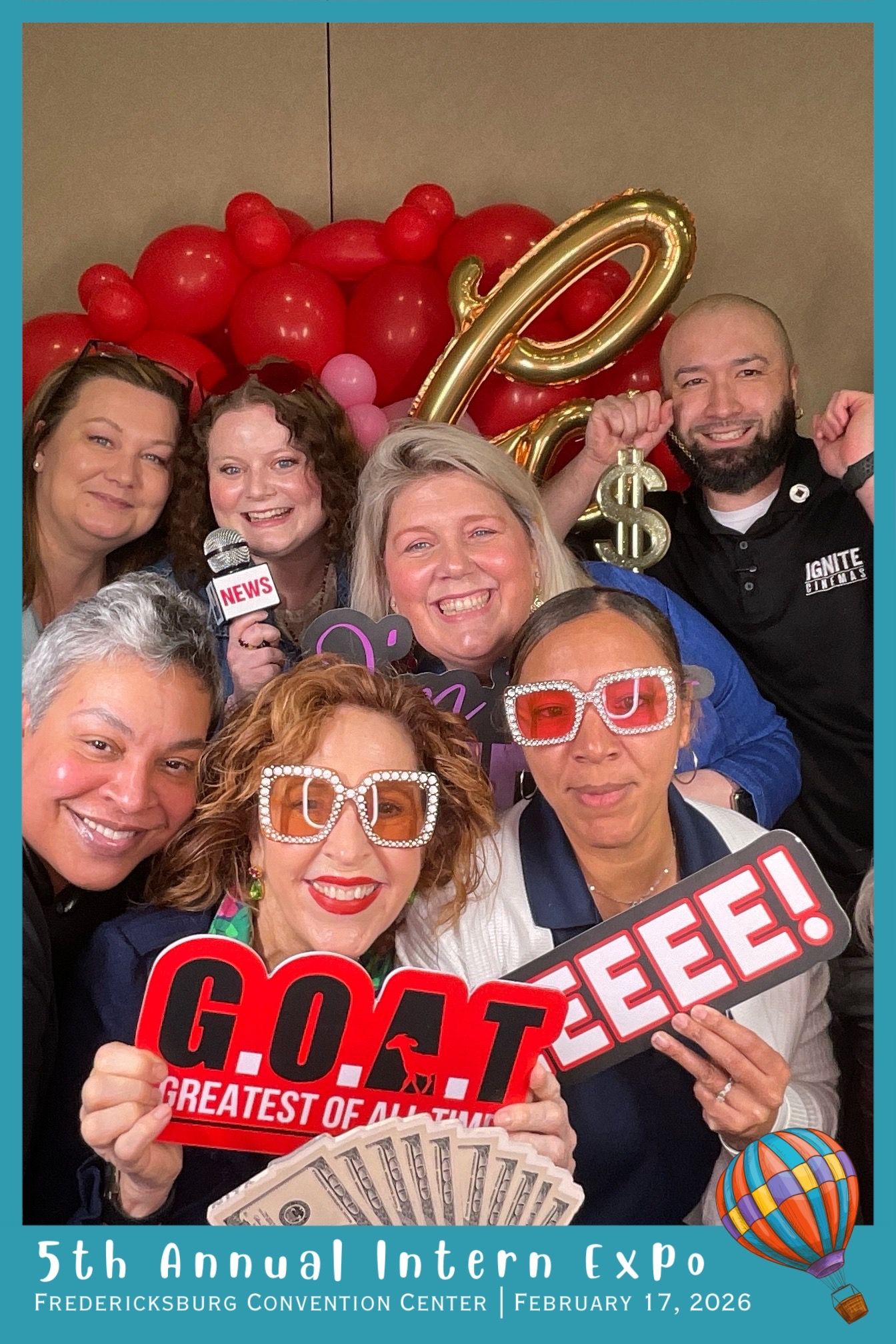 Group photo booth collage showing people posing with fun props and signs at a convention event.