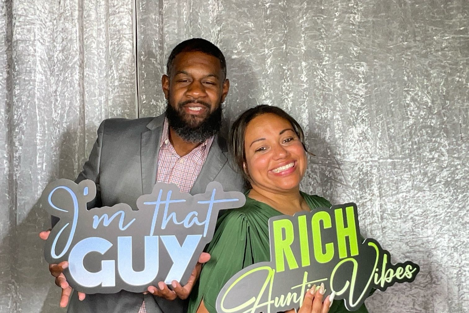 Photo booth strip showing candid moments with party guests against a silver backdrop.