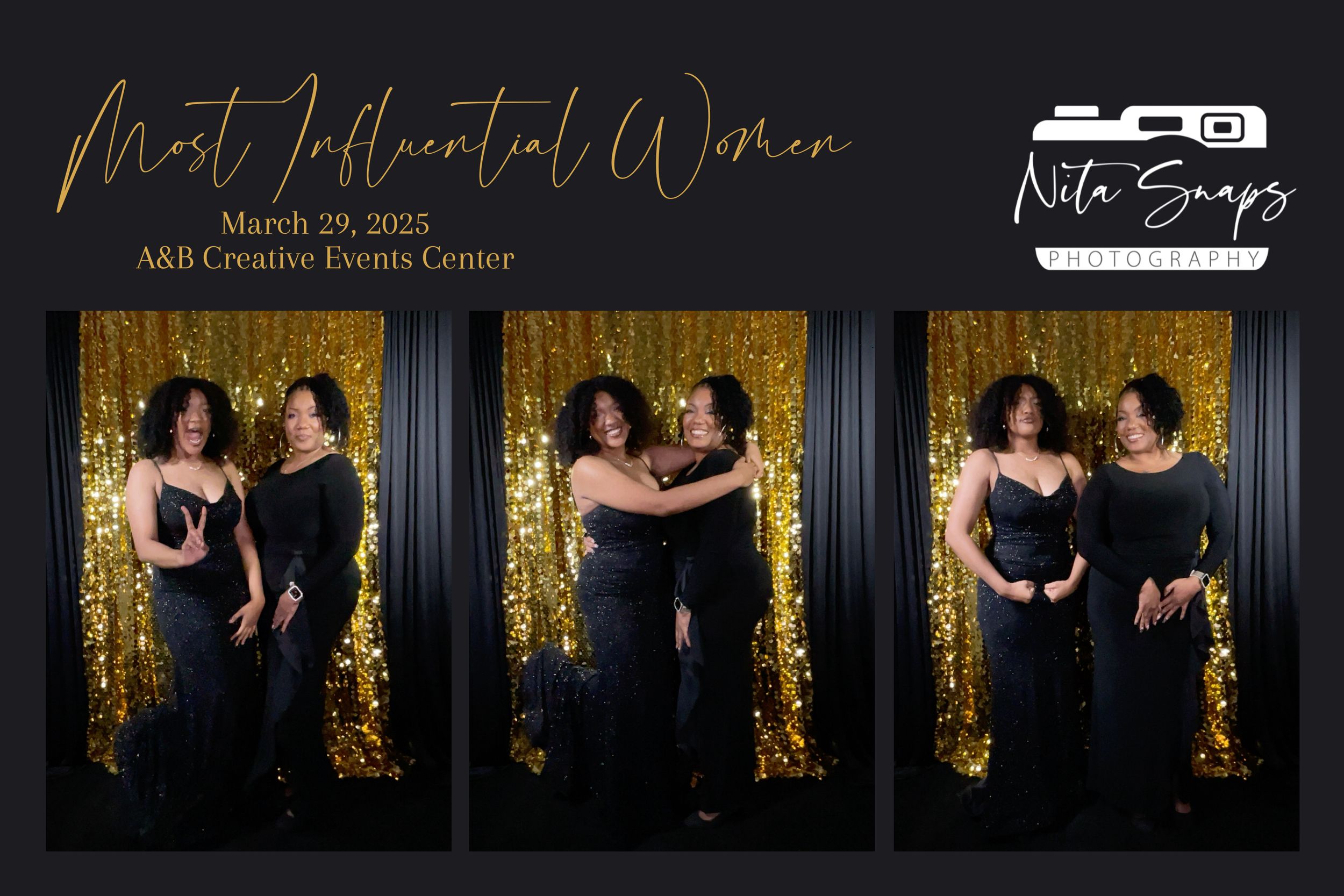 Event photo series featuring festive poses against a gold backdrop.