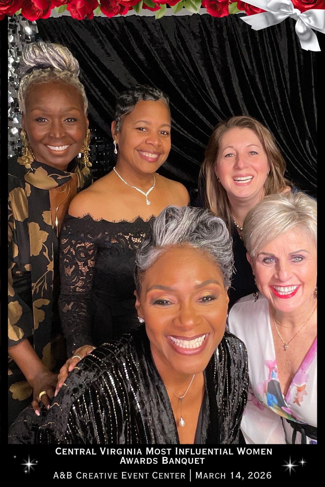 Five women pose together at the Central Virginia Most Influential Women Awards Banquet on March 14, 2026.