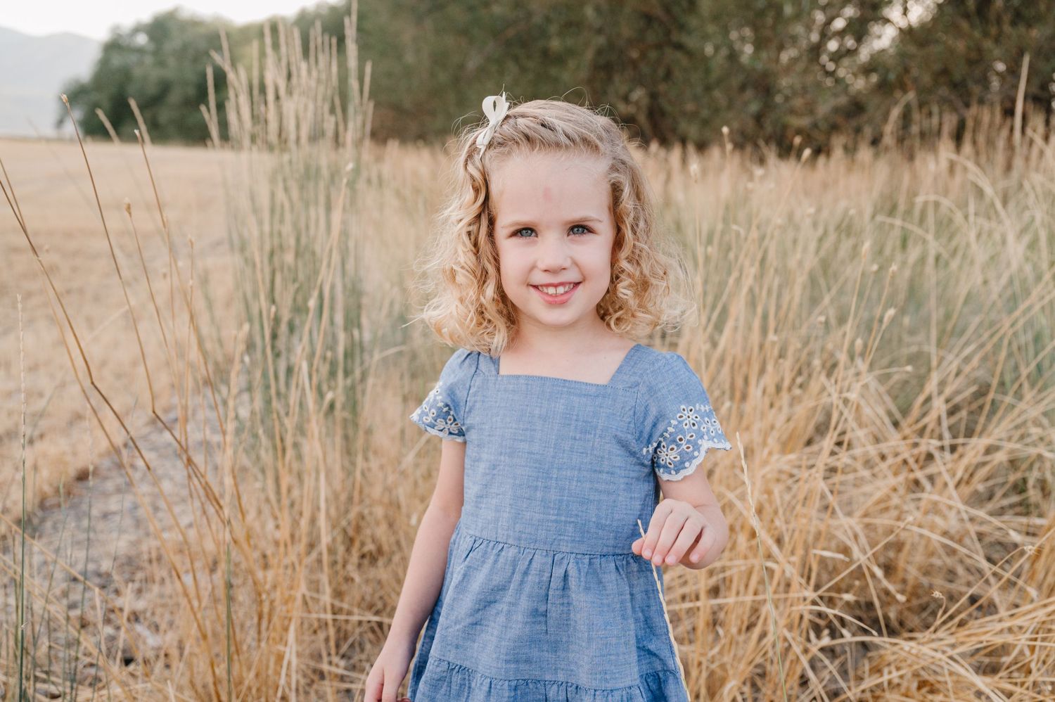 A young girl in a blue dress stands amid tall grass in a natural outdoor setting.