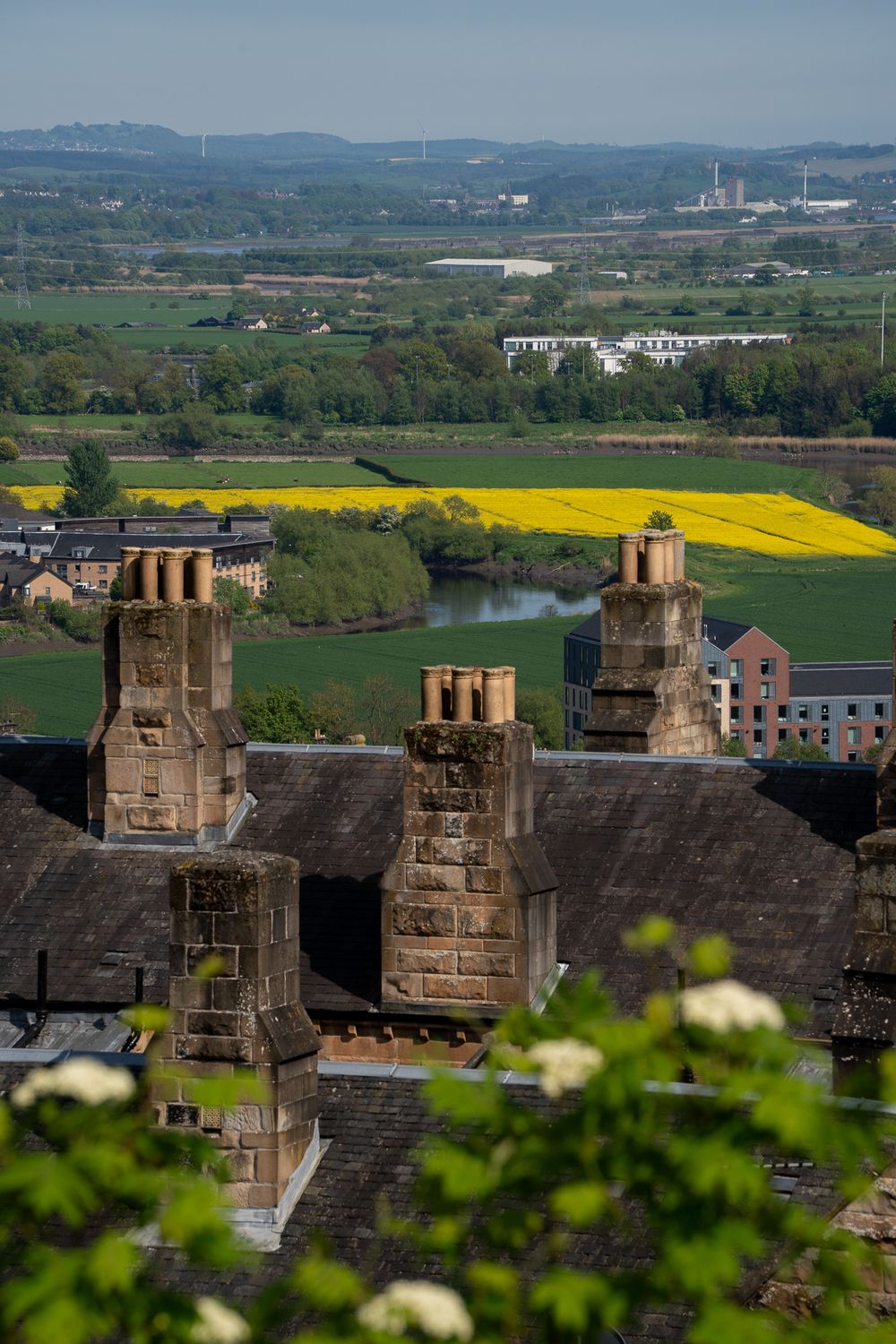 Stone chimneys on traditional rooftops with yellow rapeseed fields in the distant countryside.