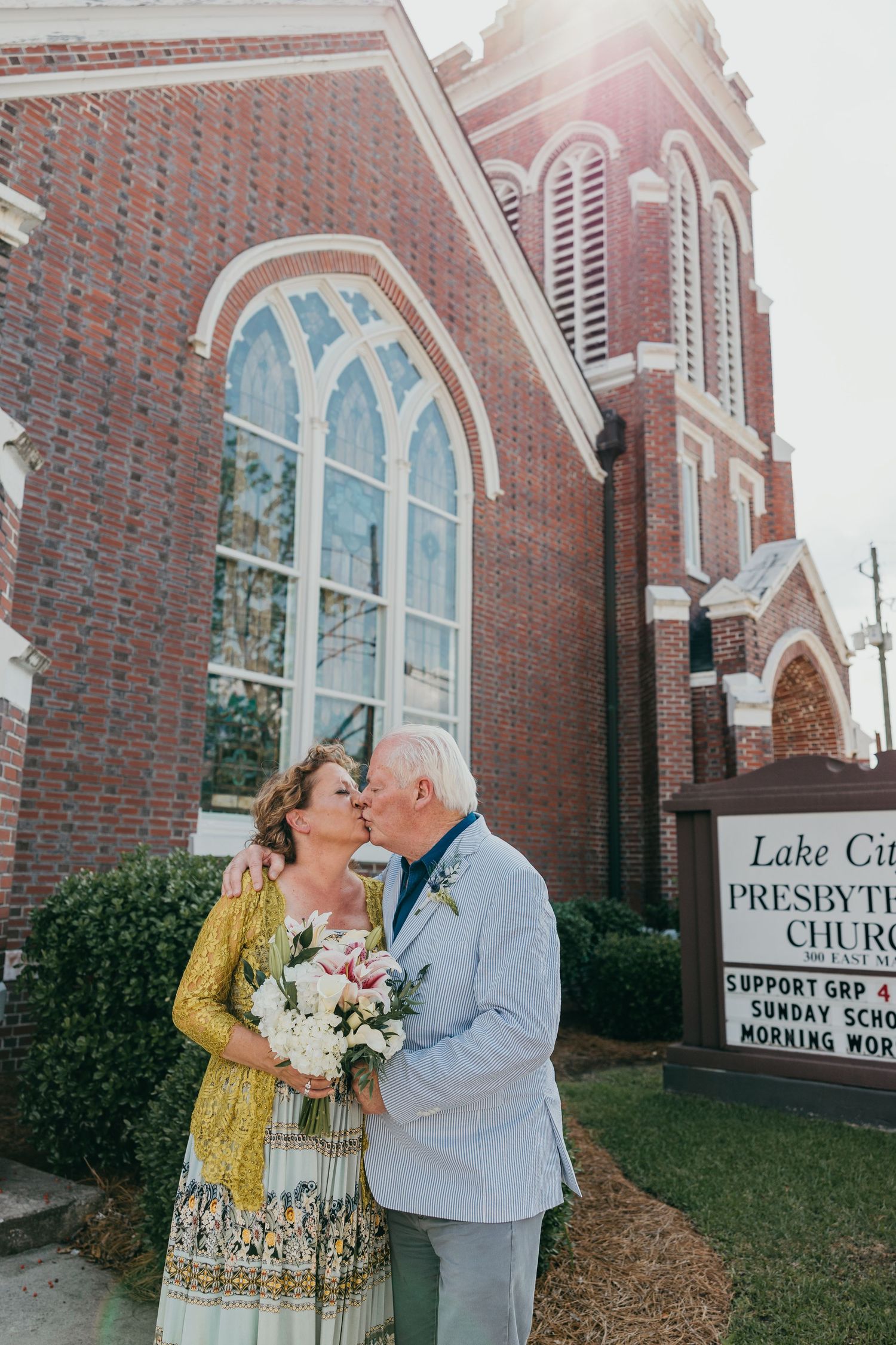 Sequence of photos outside a brick Presbyterian church showing a celebratory moment.