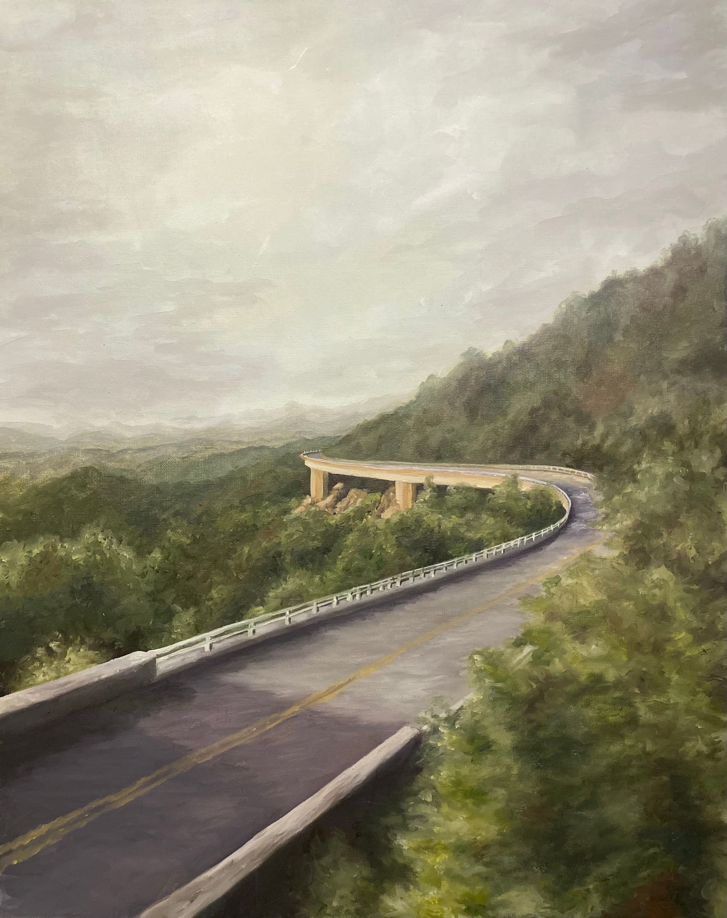 A winding mountain road with guardrails curves around a forested hillside in an artistic painting.