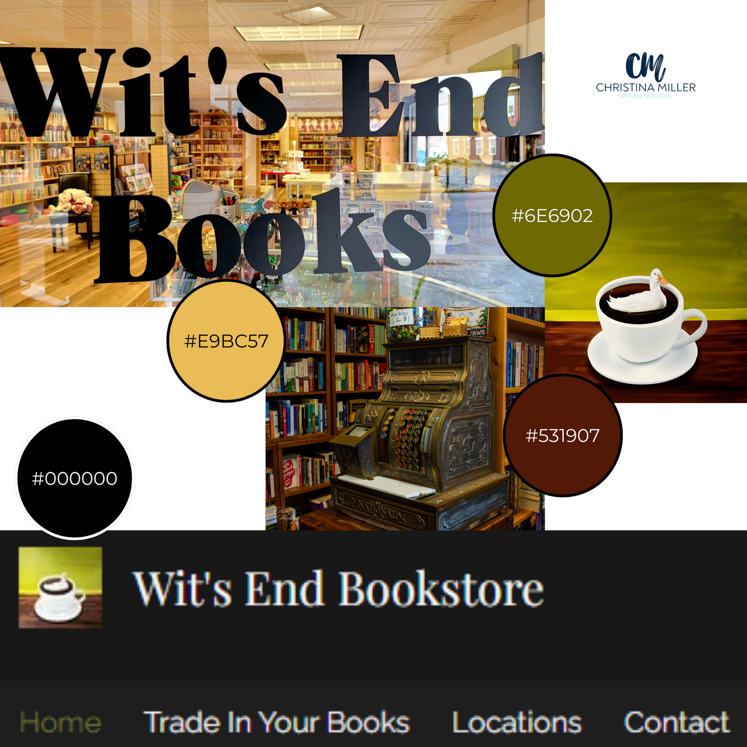 Website header design for Wit's End Books featuring circular coffee and book motifs.
