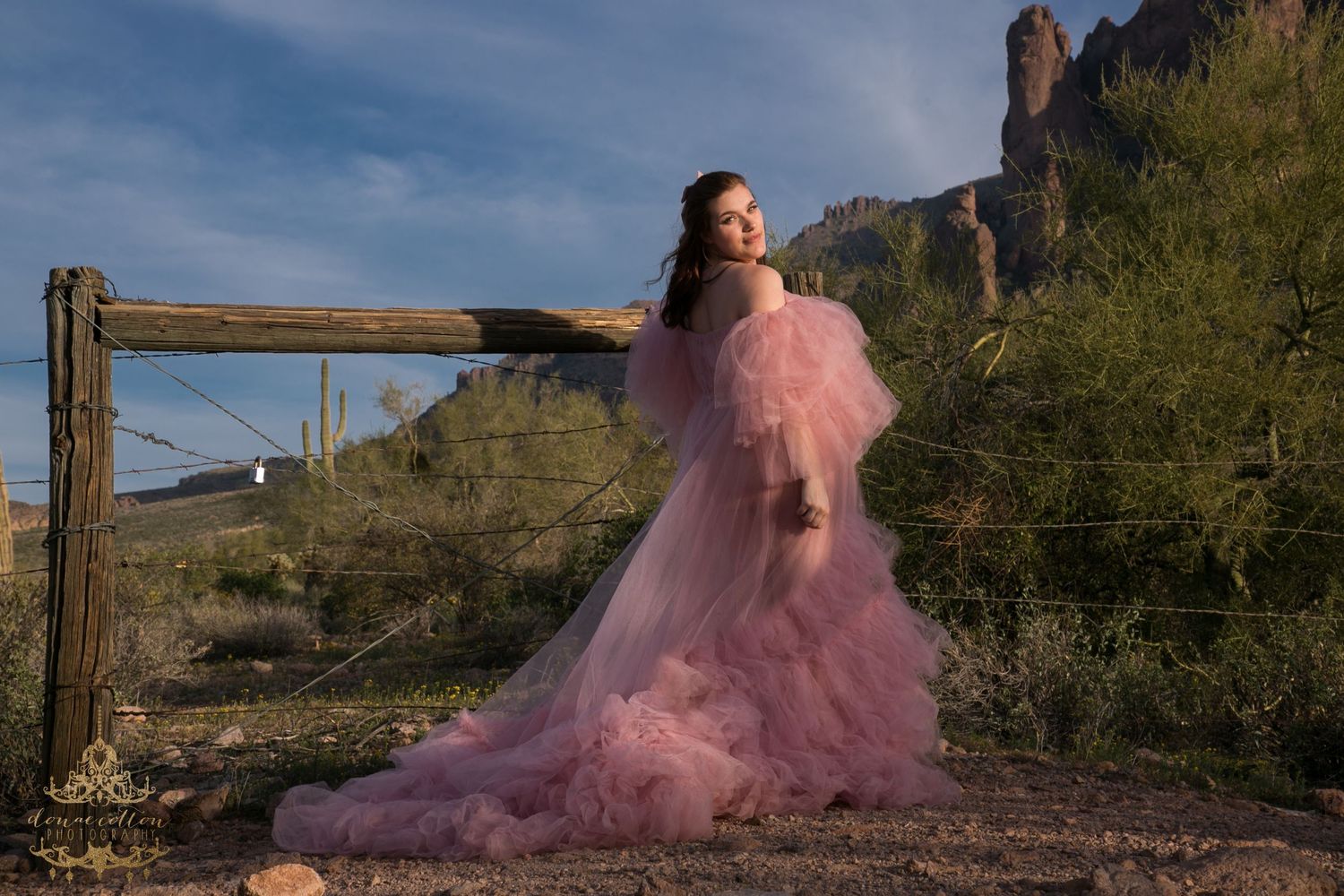 Pregnant woman in pink ruffled gown leans on rustic fence in Arizona desert setting.