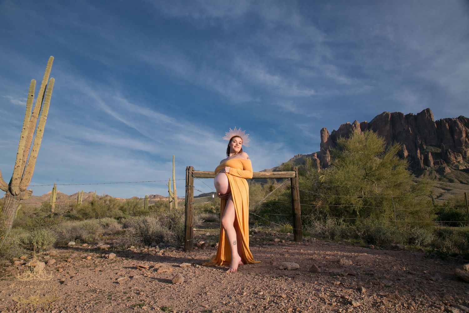 Pregnant woman in golden orange gown with crown stands by fence near Superstition Mountains.