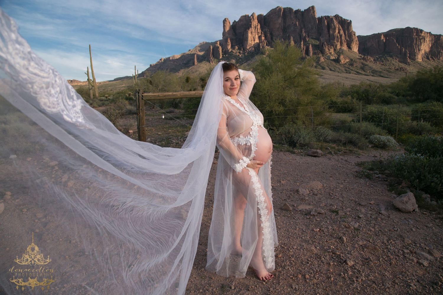 Pregnant woman in white lace gown with flowing veil poses in Arizona desert landscape.
