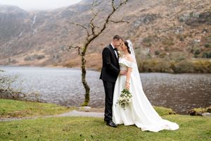 A picturesque sequence of outdoor wedding photos showcasing intimate moments against a stunning mountainous lakeside backdrop.