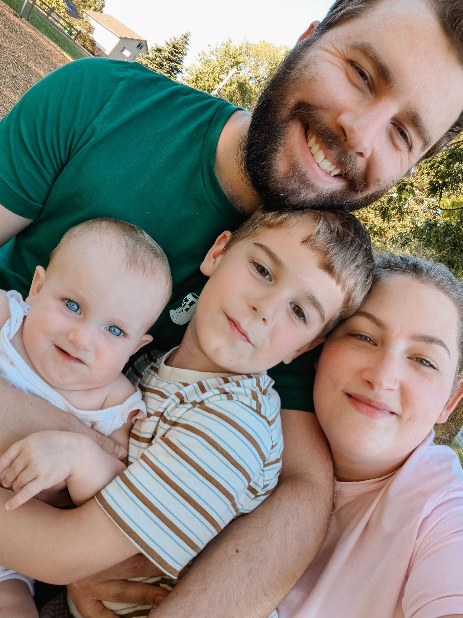 Close-up selfie series showing happy expressions in outdoor sunlight.