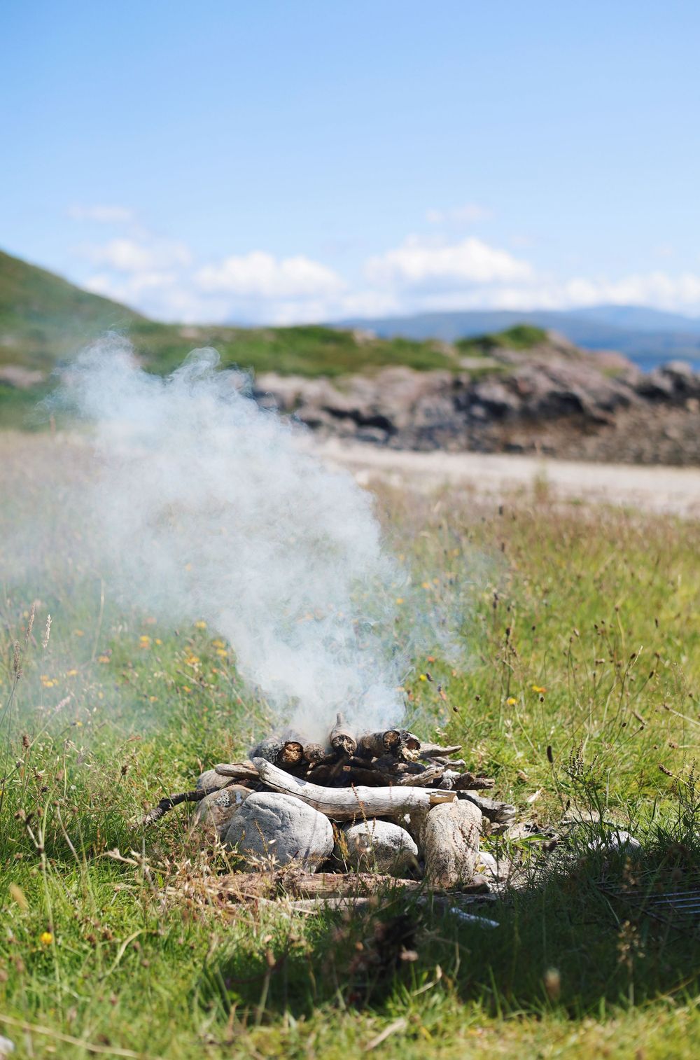 Small campfire smoke rising from driftwood on grassy coastal terrain.