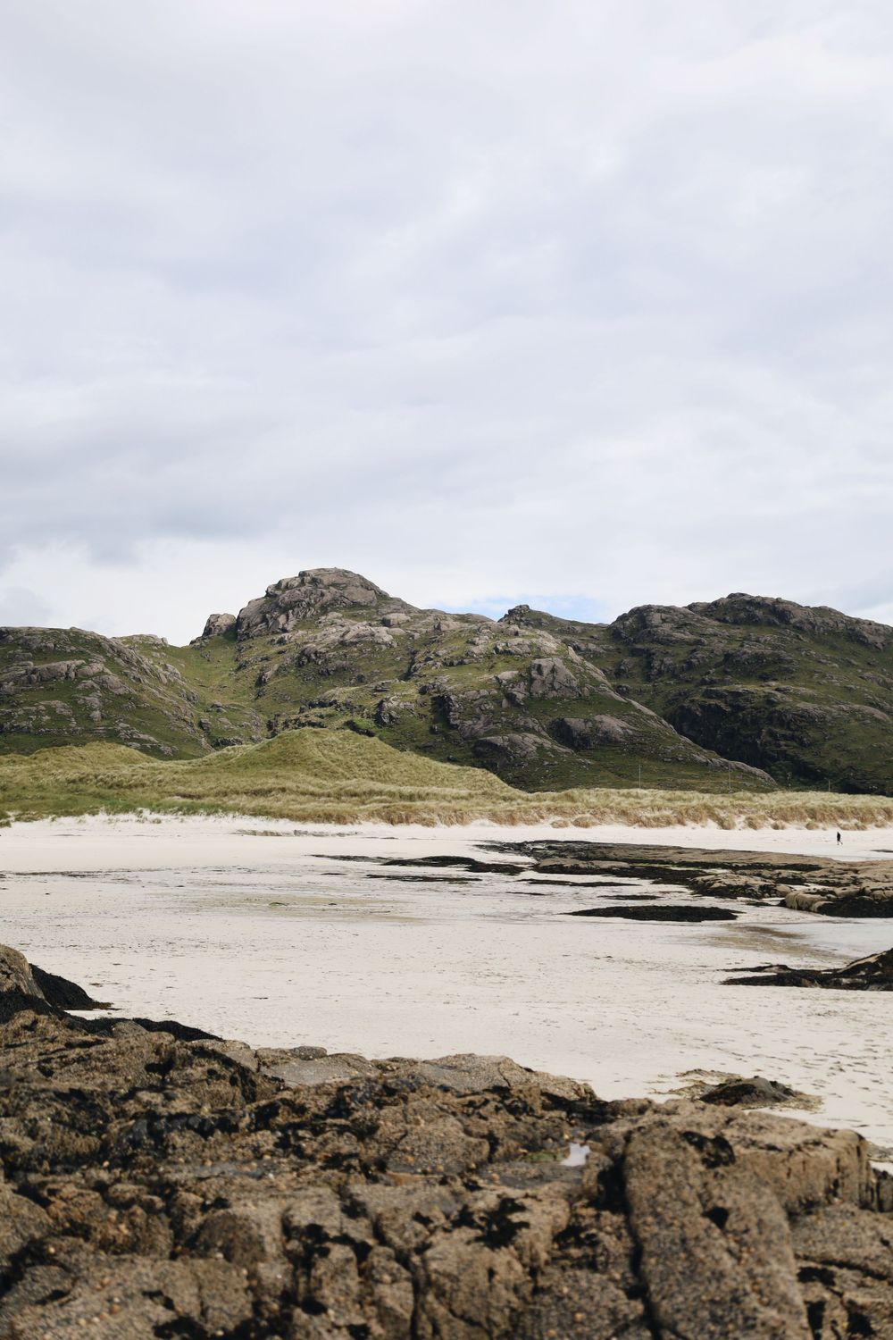 Rocky coastal beach with mountains and cliffs under cloudy skies.